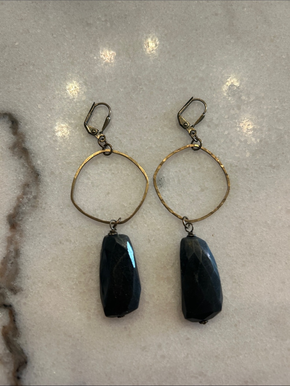 Brass Hoop Earrings with Black Stone Drops